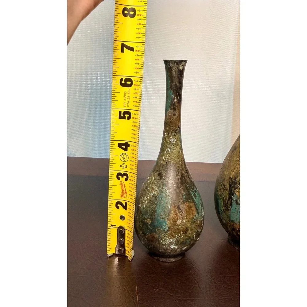 Vintage Japanese Style Patinated Bronze Solifleur Bud Vase Set Verdigris MCM